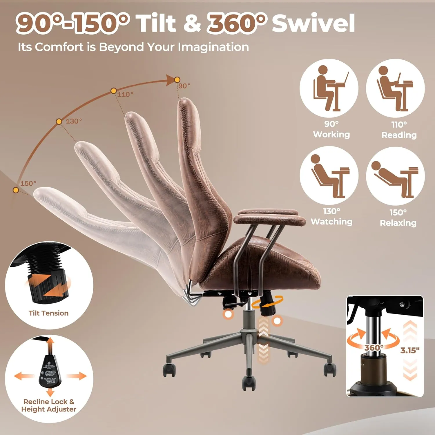 ovios Ergonomic Office Chair,Modern Computer Desk Chair,high Back Suede Fabric Desk Chair with Lumbar Support for Executive or Home Office (Dark Coffee)