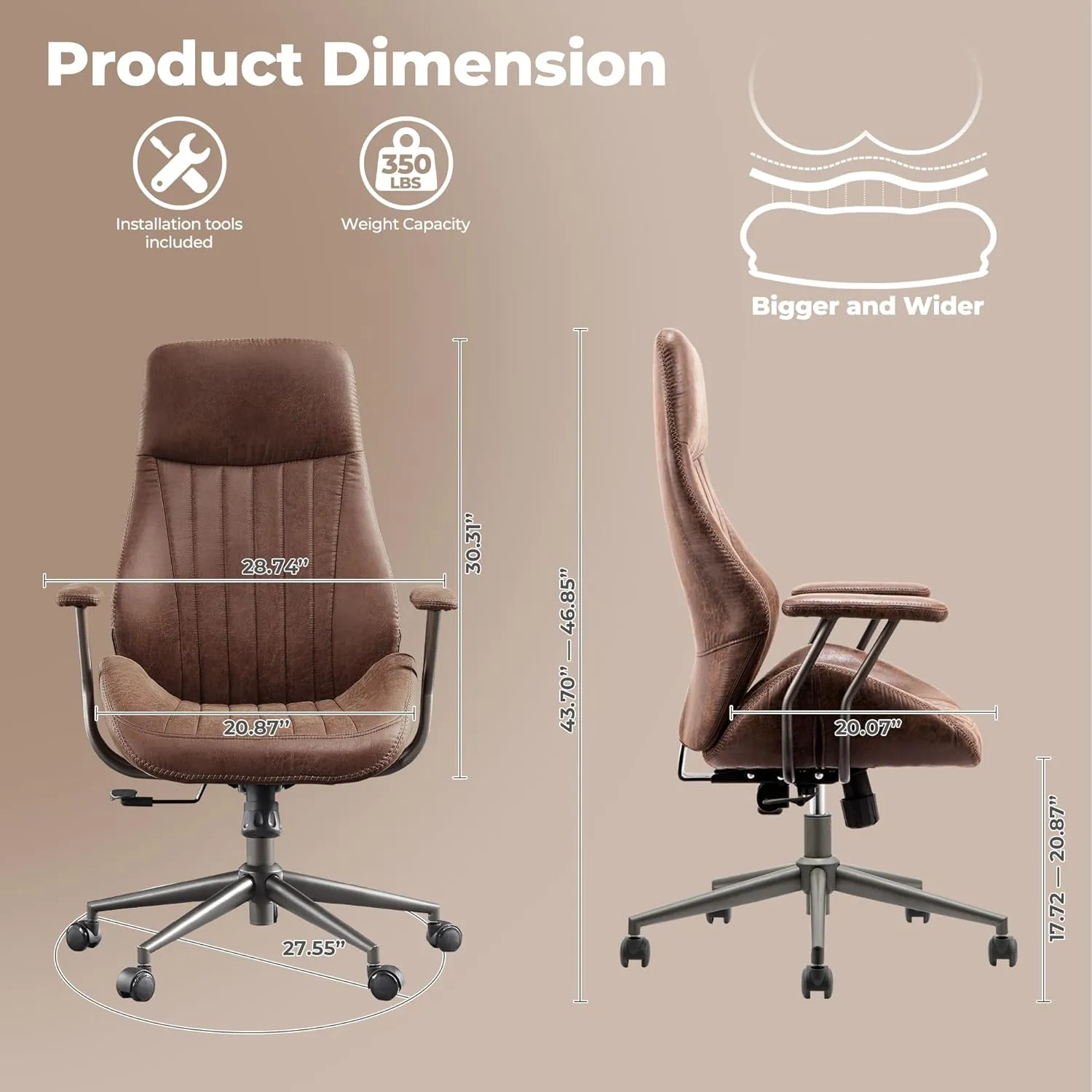 ovios Ergonomic Office Chair,Modern Computer Desk Chair,high Back Suede Fabric Desk Chair with Lumbar Support for Executive or Home Office (Dark Coffee)