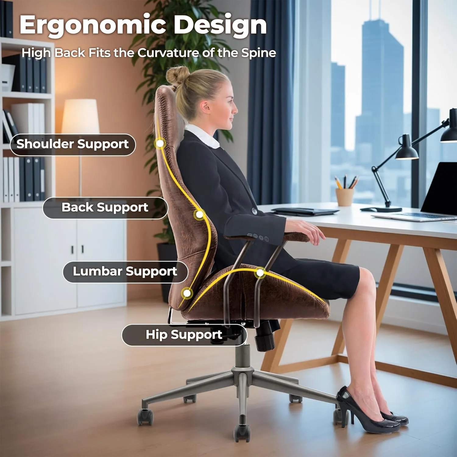 ovios Ergonomic Office Chair,Modern Computer Desk Chair,high Back Suede Fabric Desk Chair with Lumbar Support for Executive or Home Office (Dark Coffee)