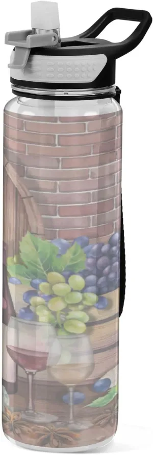 Oyihfvs Red Wine Bottles Glasses, Cheese Grapes Cork on Wood with Bricks Transparent Sports Water Bottle 32 Oz, with Straw Lid Leakproof Reusable Water Bottle, Water Bottle for Fitness Gym Outdoor