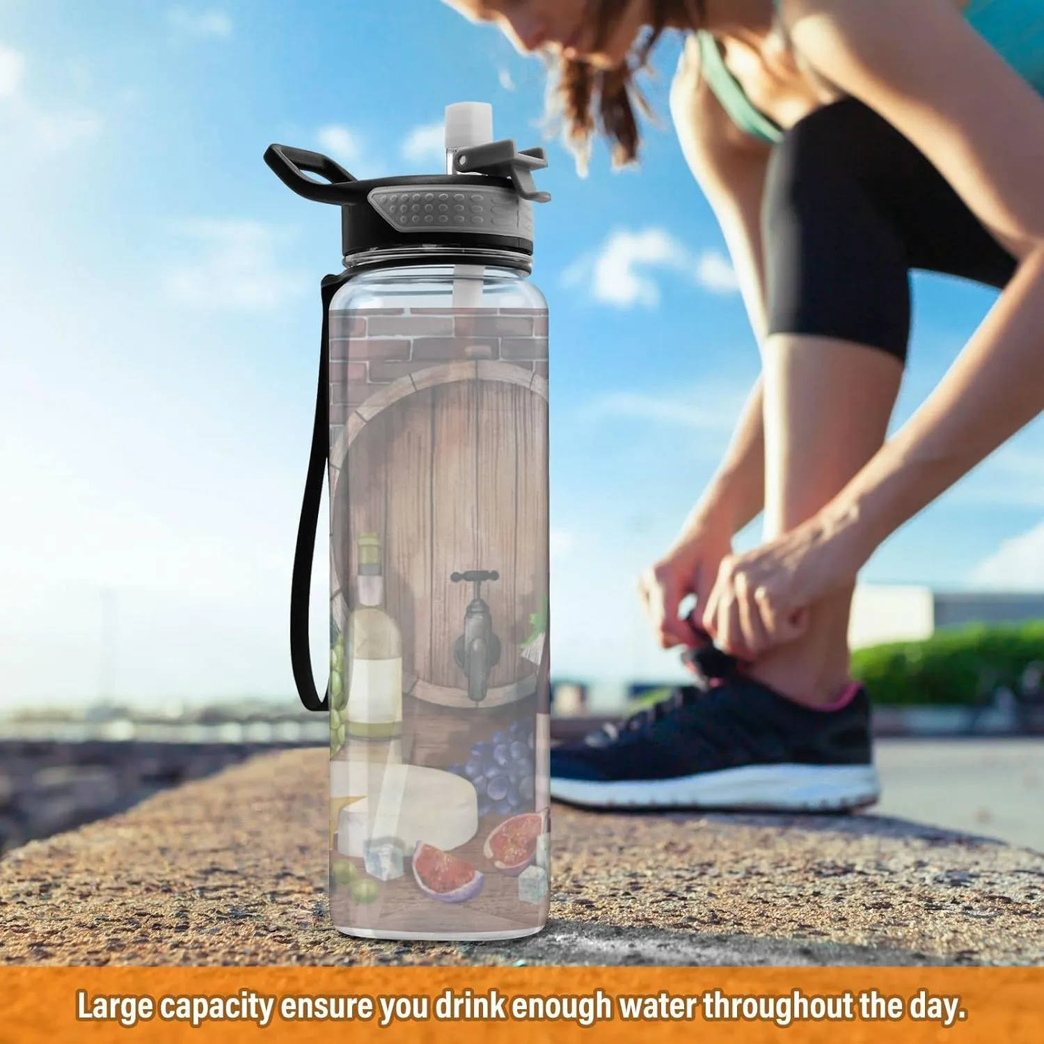 Oyihfvs Red Wine Bottles Glasses, Cheese Grapes Cork on Wood with Bricks Transparent Sports Water Bottle 32 Oz, with Straw Lid Leakproof Reusable Water Bottle, Water Bottle for Fitness Gym Outdoor