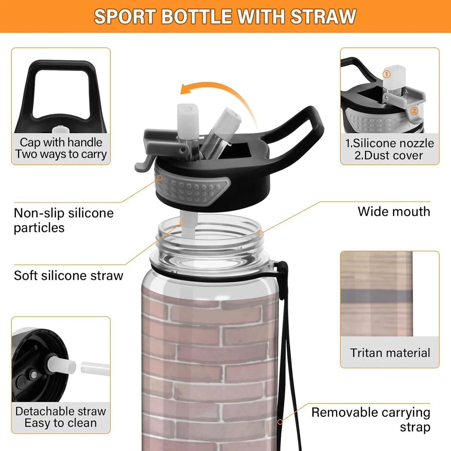 Oyihfvs Red Wine Bottles Glasses, Cheese Grapes Cork on Wood with Bricks Transparent Sports Water Bottle 32 Oz, with Straw Lid Leakproof Reusable Water Bottle, Water Bottle for Fitness Gym Outdoor