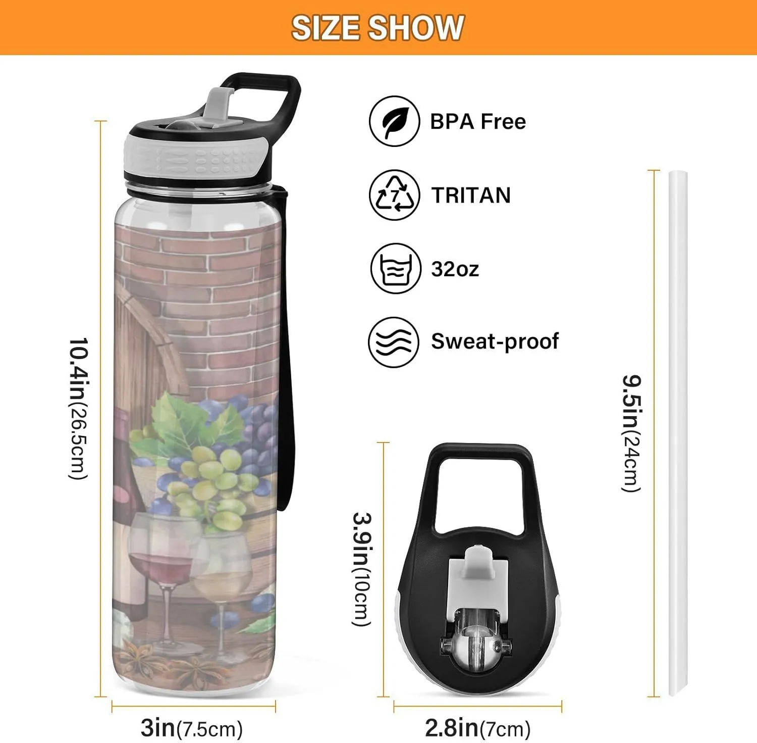 Oyihfvs Red Wine Bottles Glasses, Cheese Grapes Cork on Wood with Bricks Transparent Sports Water Bottle 32 Oz, with Straw Lid Leakproof Reusable Water Bottle, Water Bottle for Fitness Gym Outdoor