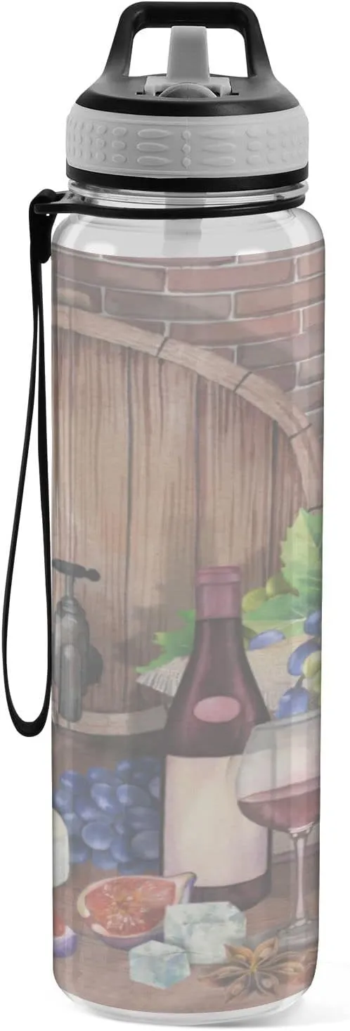 Oyihfvs Red Wine Bottles Glasses, Cheese Grapes Cork on Wood with Bricks Transparent Sports Water Bottle 32 Oz, with Straw Lid Leakproof Reusable Water Bottle, Water Bottle for Fitness Gym Outdoor
