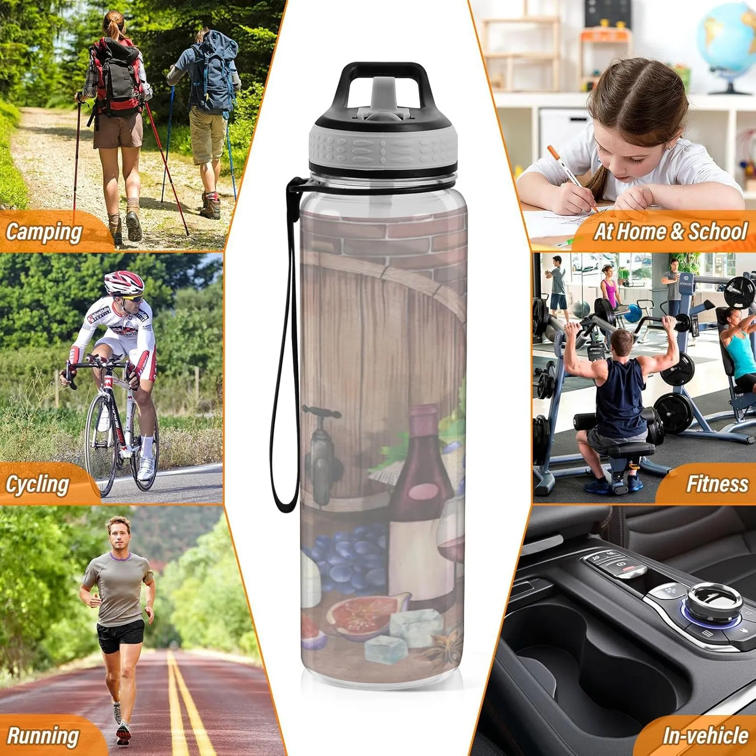 Oyihfvs Red Wine Bottles Glasses, Cheese Grapes Cork on Wood with Bricks Transparent Sports Water Bottle 32 Oz, with Straw Lid Leakproof Reusable Water Bottle, Water Bottle for Fitness Gym Outdoor