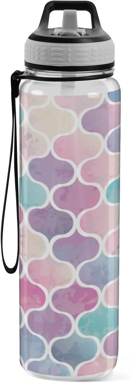 Oyihfvs Seamless Watercolor Mermaid Blue Gold Pink Fish Tail Scales Transparent Sports Water Bottle 32 Oz, with Straw Lid Leakproof Reusable Water Bottle, Water Bottle for Fitness Gym Outdoor