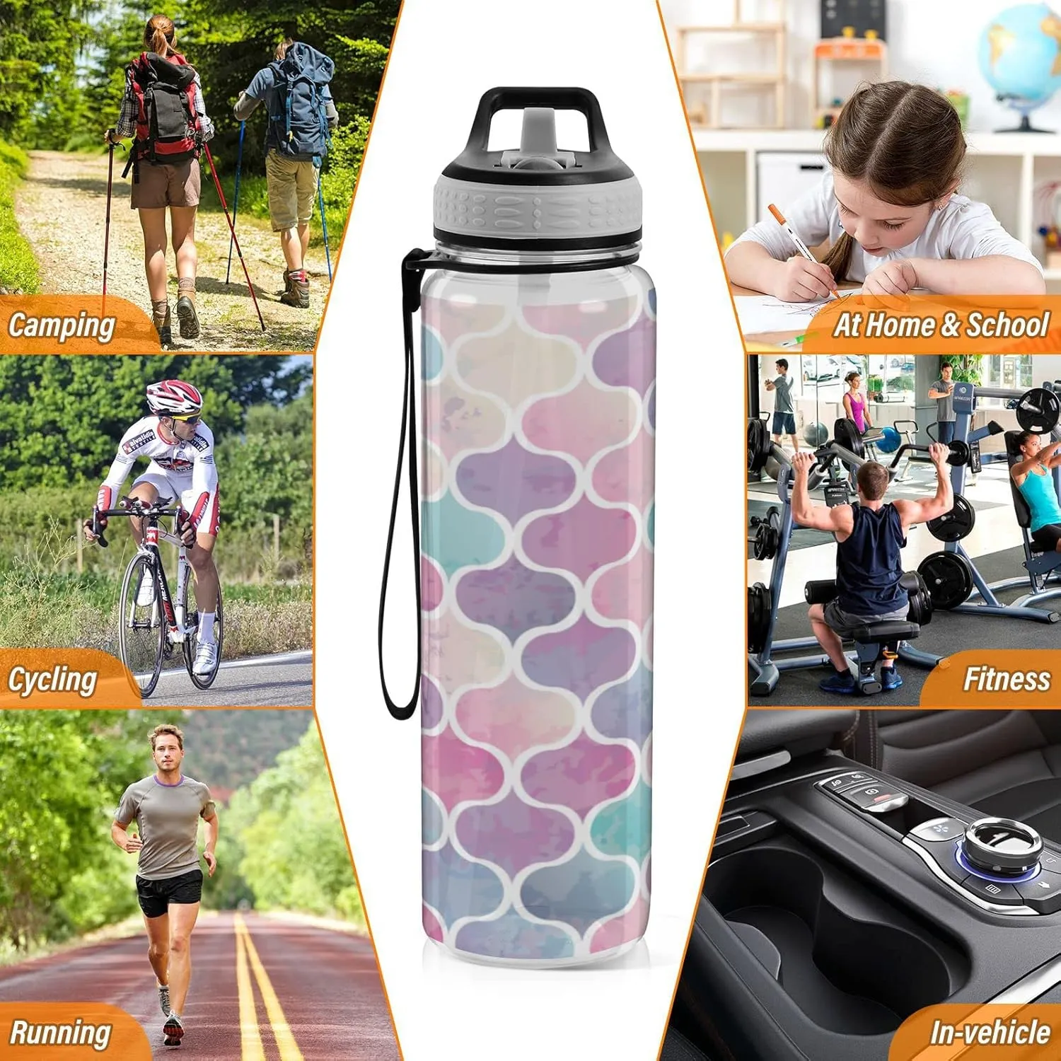 Oyihfvs Seamless Watercolor Mermaid Blue Gold Pink Fish Tail Scales Transparent Sports Water Bottle 32 Oz, with Straw Lid Leakproof Reusable Water Bottle, Water Bottle for Fitness Gym Outdoor