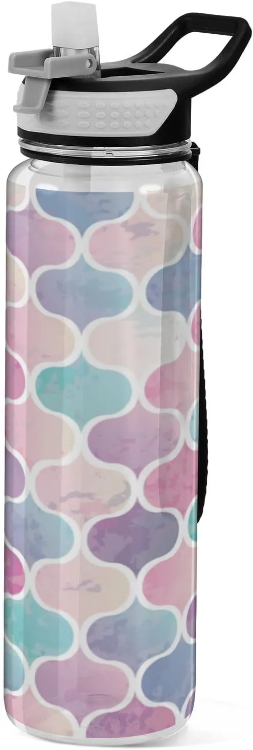 Oyihfvs Seamless Watercolor Mermaid Blue Gold Pink Fish Tail Scales Transparent Sports Water Bottle 32 Oz, with Straw Lid Leakproof Reusable Water Bottle, Water Bottle for Fitness Gym Outdoor