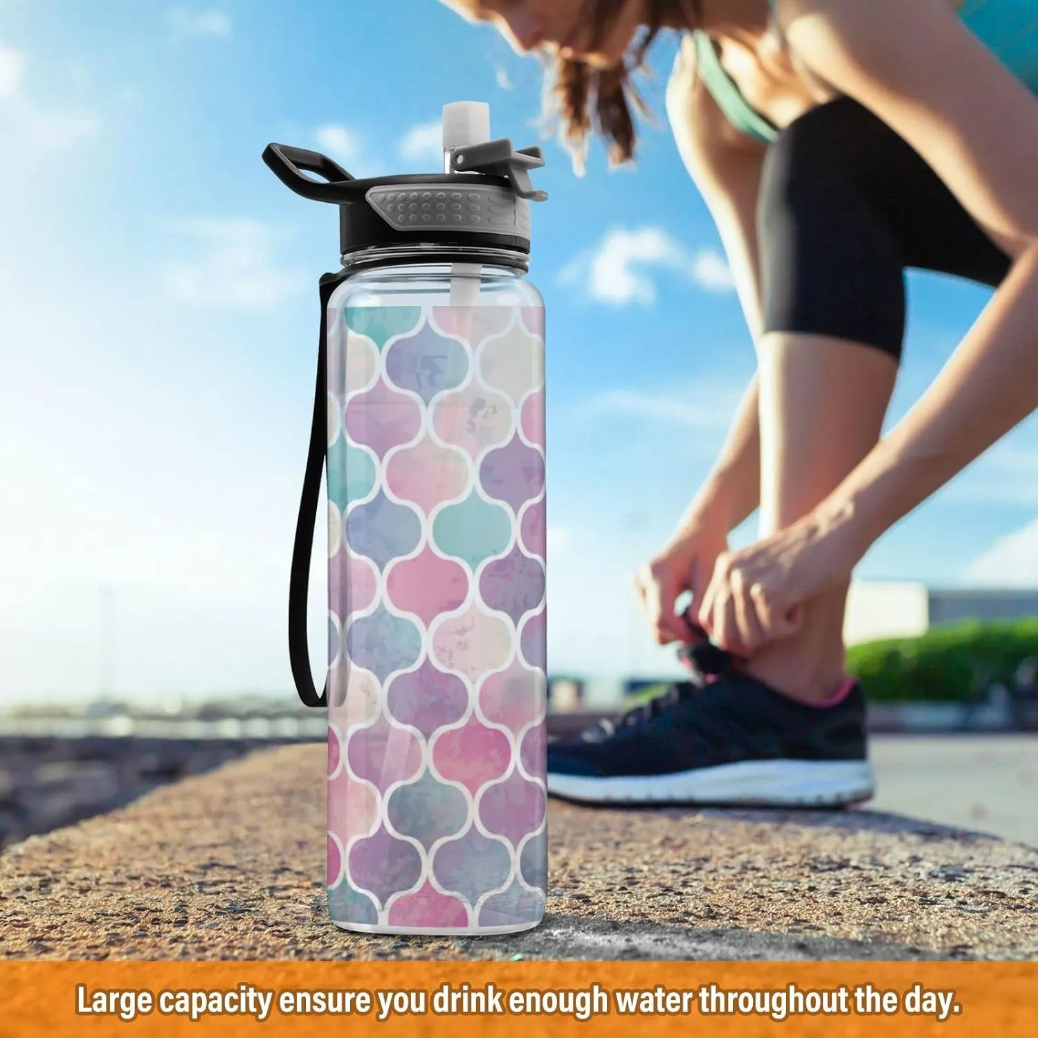 Oyihfvs Seamless Watercolor Mermaid Blue Gold Pink Fish Tail Scales Transparent Sports Water Bottle 32 Oz, with Straw Lid Leakproof Reusable Water Bottle, Water Bottle for Fitness Gym Outdoor