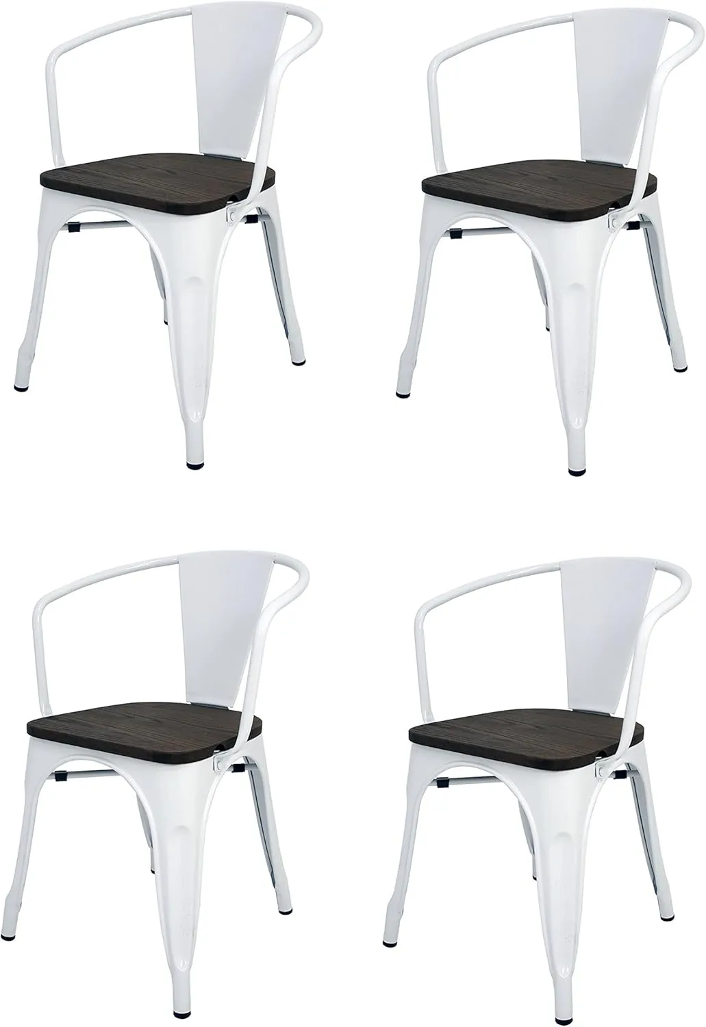 Pack of 4 Tolix Style Chairs with Backrest, Armrest and Seat Finish in Wood, White. Measures 73 x 53.5 x 52 cm