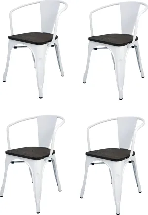 Pack of 4 Tolix Style Chairs with Backrest, Armrest and Seat Finish in Wood, White. Measures 73 x 53.5 x 52 cm