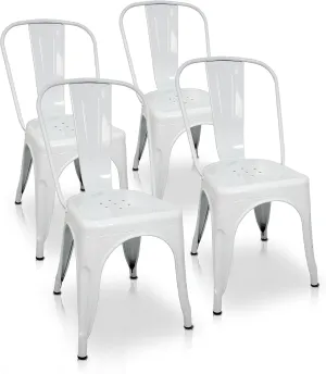 Pack of 4 Tolix Style Chairs with backrest, White. Measures 85 x 54 x 45.5 cm