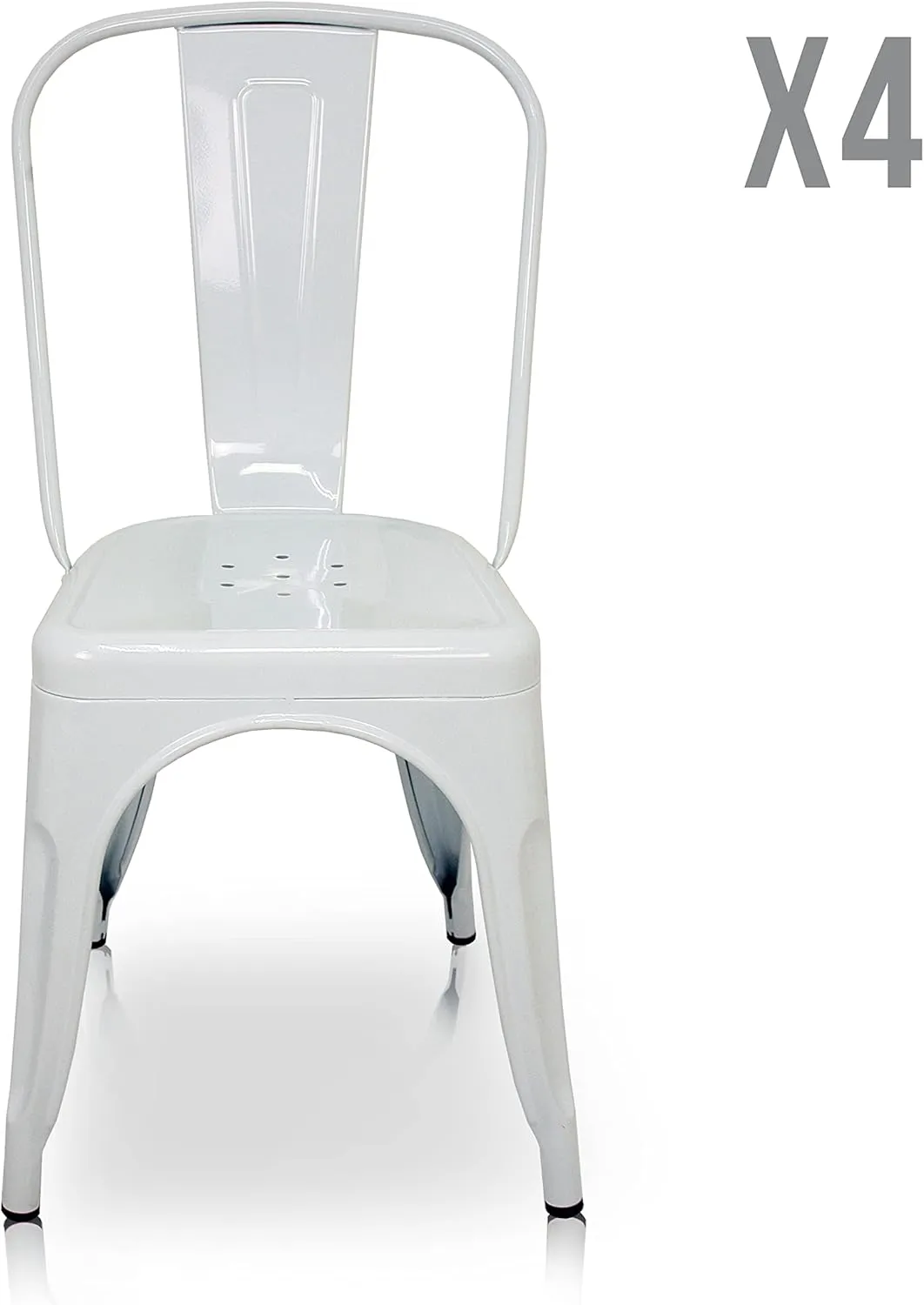 Pack of 4 Tolix Style Chairs with backrest, White. Measures 85 x 54 x 45.5 cm