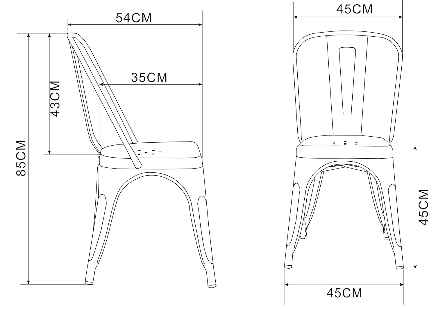 Pack of 4 Tolix Style Chairs with backrest, White. Measures 85 x 54 x 45.5 cm