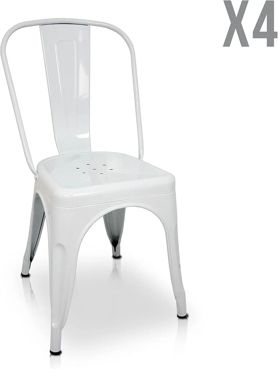 Pack of 4 Tolix Style Chairs with backrest, White. Measures 85 x 54 x 45.5 cm