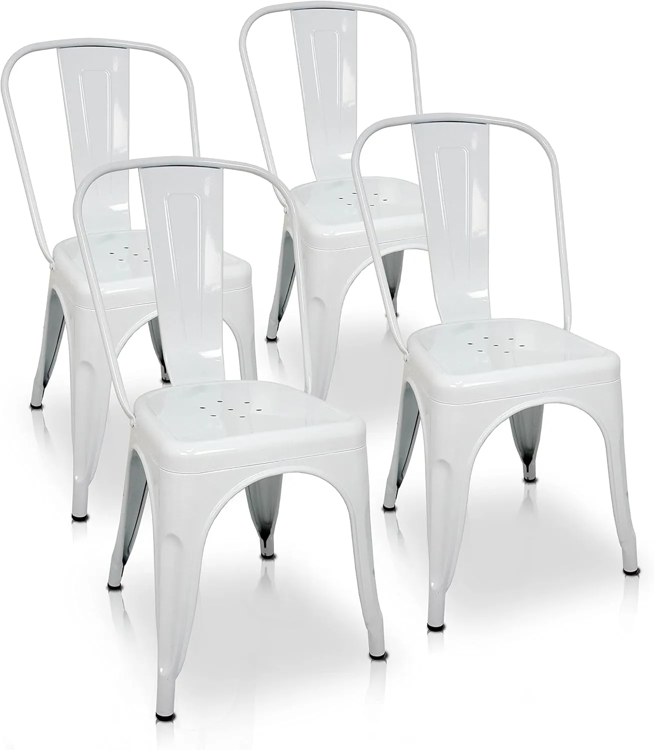 Pack of 4 Tolix Style Chairs with backrest, White. Measures 85 x 54 x 45.5 cm