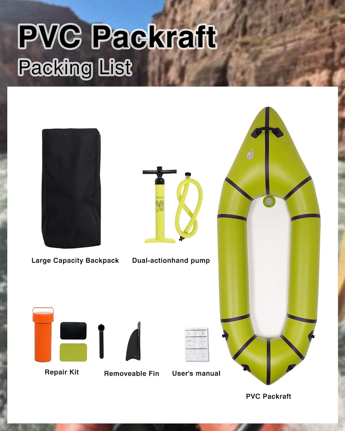 Packraft PVC - Inflatable Kayak for Adults & Kids, Durable, Compact, Rapid Inflate, for Flat Water Rafting, Bicycle Drifting, Litewater Dinghy