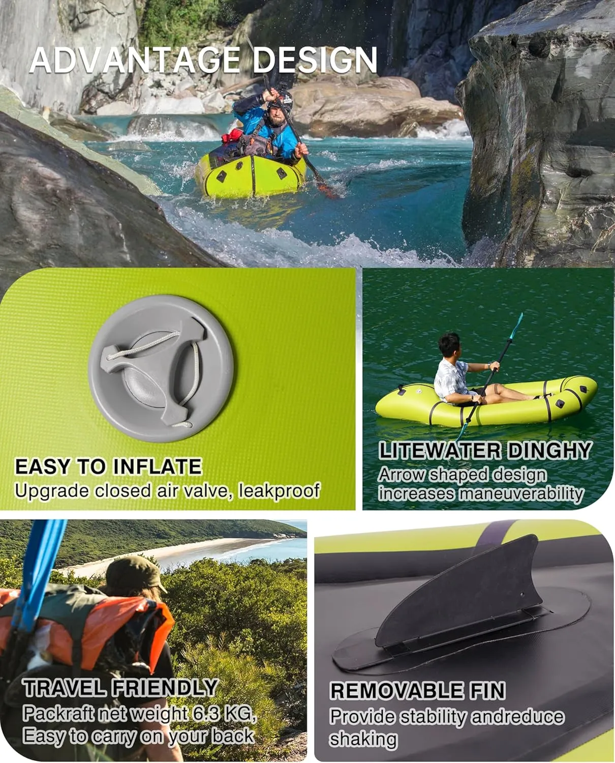Packraft PVC - Inflatable Kayak for Adults & Kids, Durable, Compact, Rapid Inflate, for Flat Water Rafting, Bicycle Drifting, Litewater Dinghy