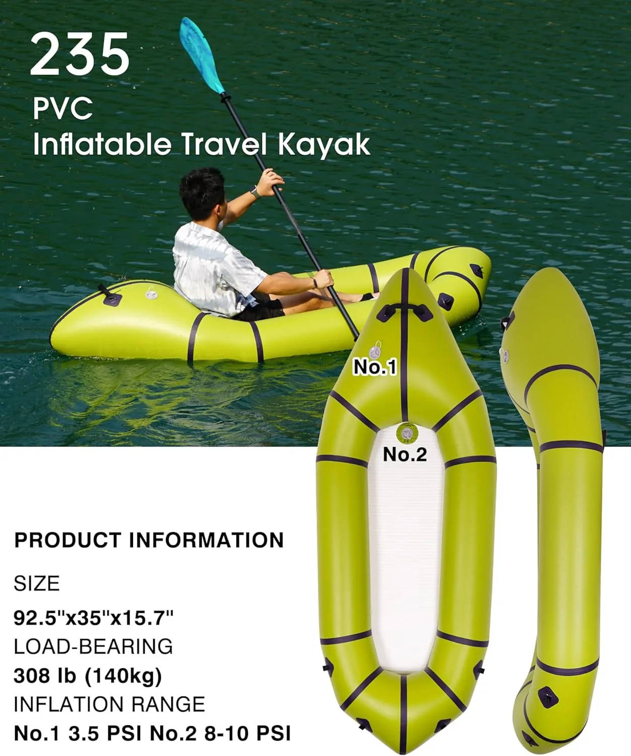 Packraft PVC - Inflatable Kayak for Adults & Kids, Durable, Compact, Rapid Inflate, for Flat Water Rafting, Bicycle Drifting, Litewater Dinghy
