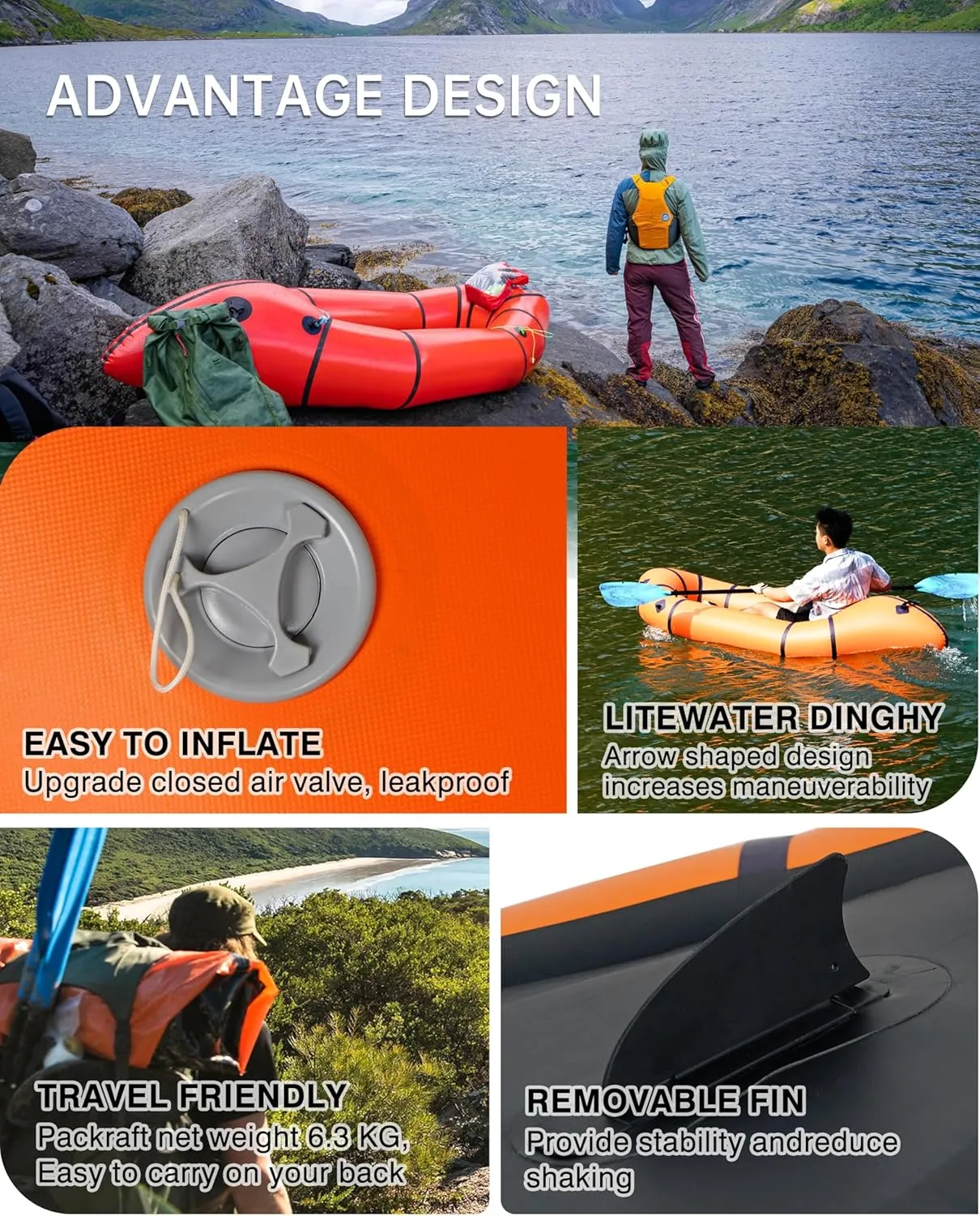 Packraft PVC - Inflatable Kayak for Adults & Kids, Durable, Compact, Rapid Inflate, for Flat Water Rafting, Bicycle Drifting, Litewater Dinghy