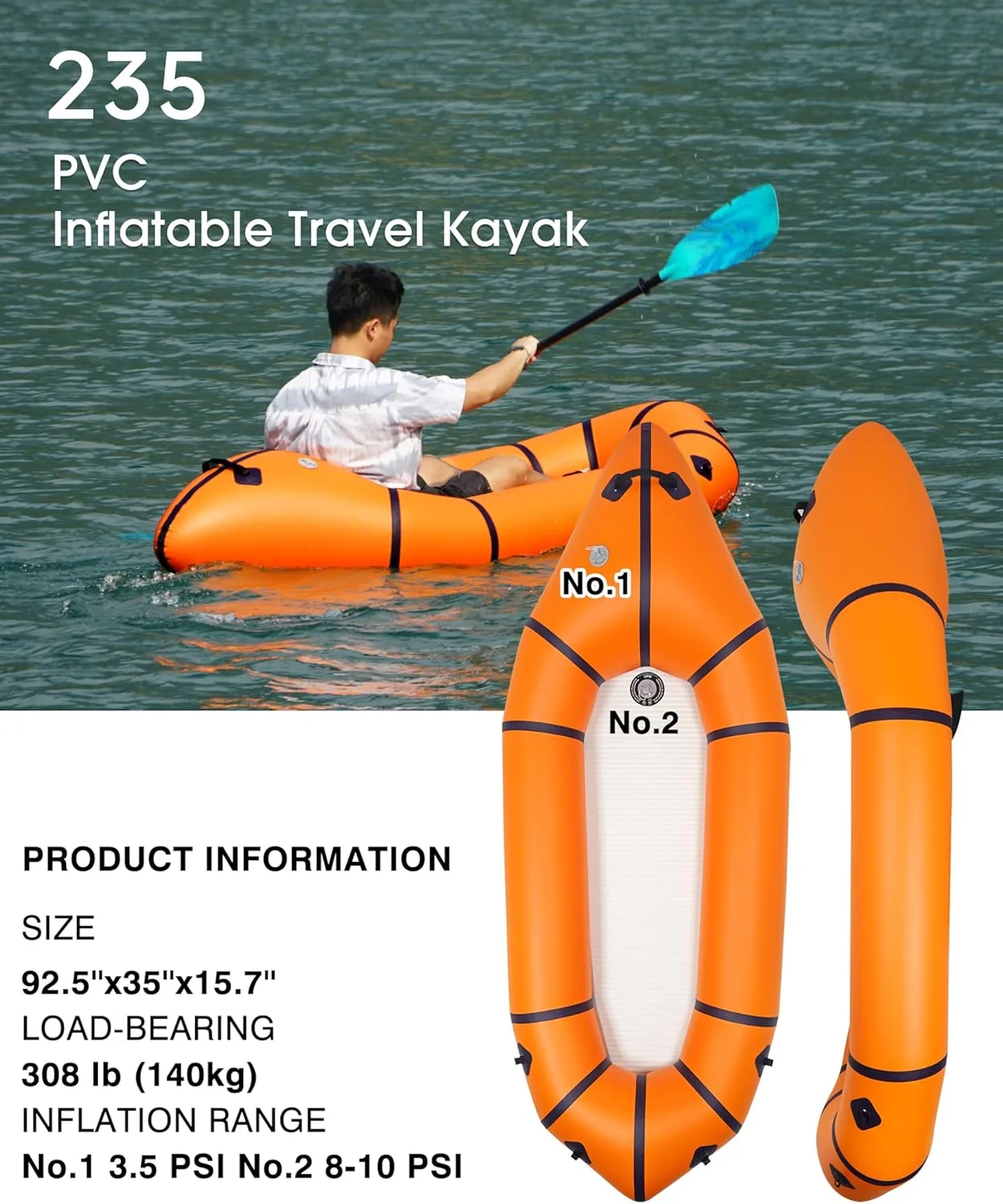 Packraft PVC - Inflatable Kayak for Adults & Kids, Durable, Compact, Rapid Inflate, for Flat Water Rafting, Bicycle Drifting, Litewater Dinghy