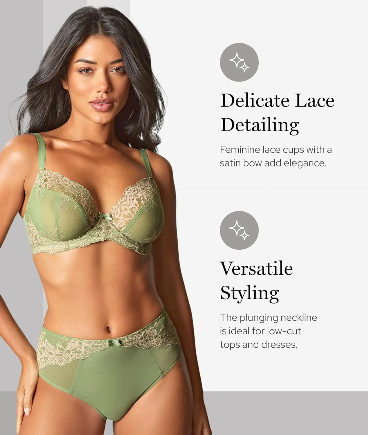 Panache Women's Ana Underwire Stretch Lace Plunge Bra | Low-Cut, Side Sling Lift, Support for Fuller Busts