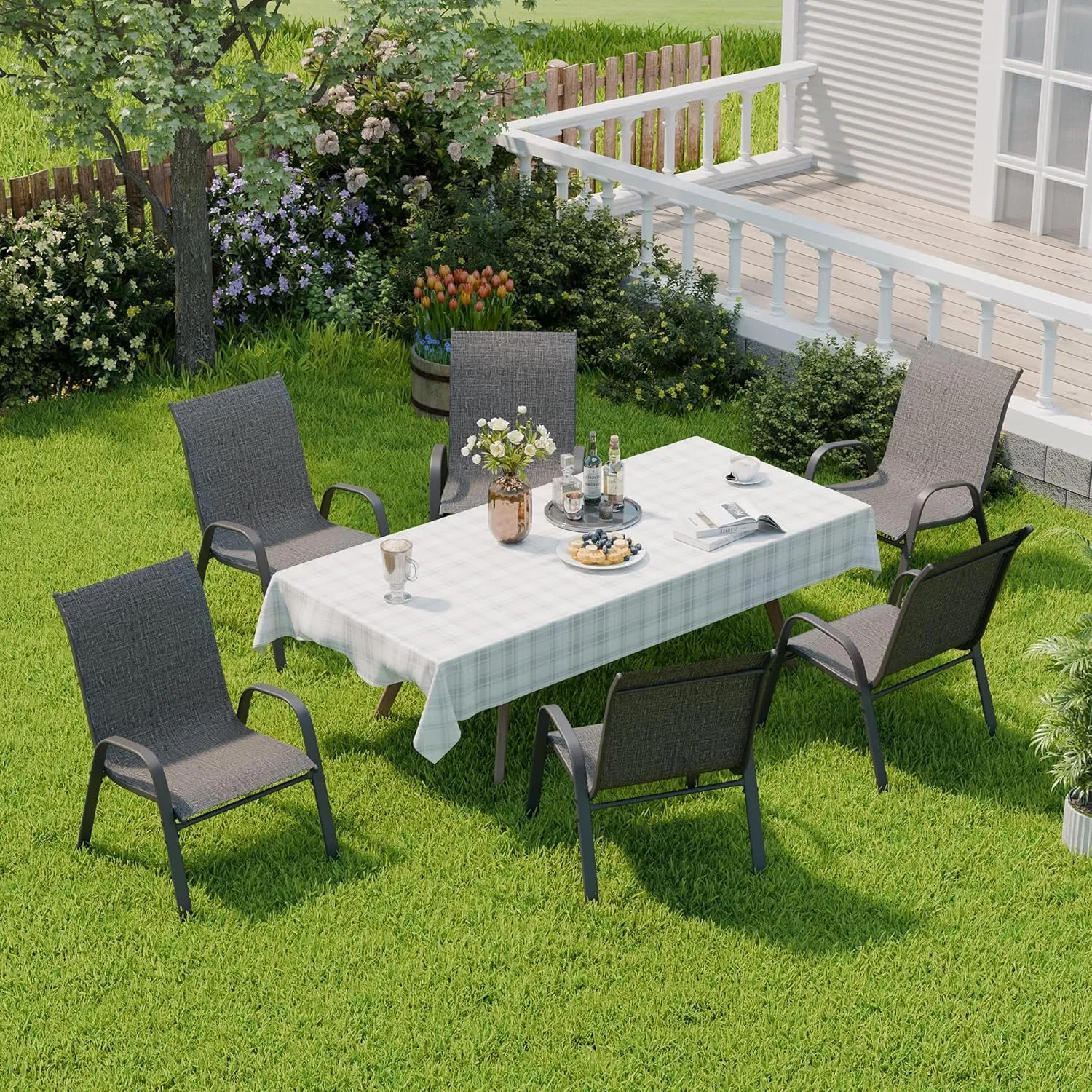 Patio Chairs Set of 6, Outdoor Dining Chairs Stackable for All Weather, Breathable Metal Modern Outside Furniture Chair for Pool Side, Garden, Backyard Deck, Dark Grey