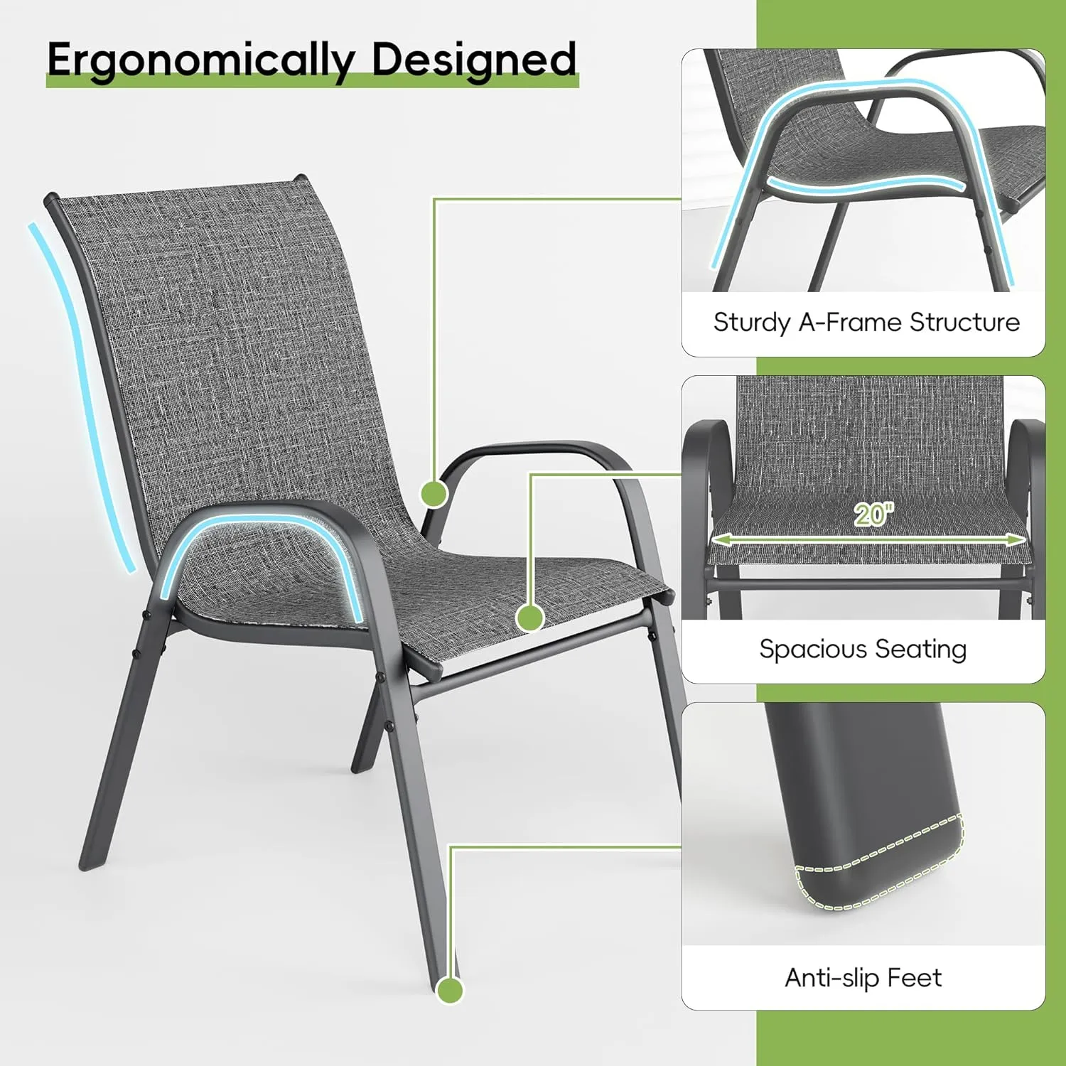 Patio Chairs Set of 6, Outdoor Dining Chairs Stackable for All Weather, Breathable Metal Modern Outside Furniture Chair for Pool Side, Garden, Backyard Deck, Dark Grey