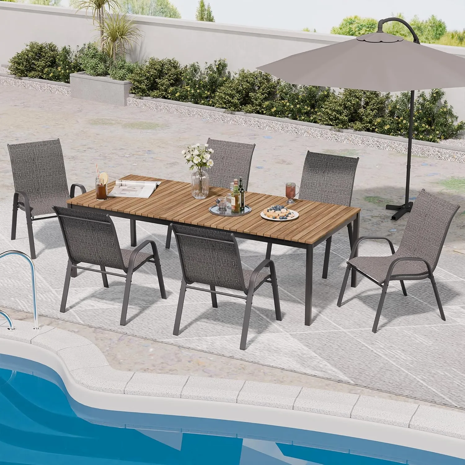 Patio Chairs Set of 6, Outdoor Dining Chairs Stackable for All Weather, Breathable Metal Modern Outside Furniture Chair for Pool Side, Garden, Backyard Deck, Dark Grey