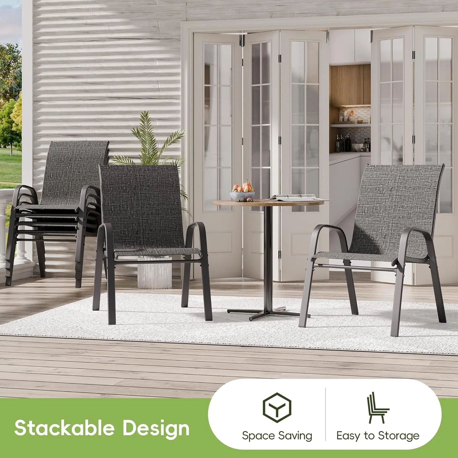 Patio Chairs Set of 6, Outdoor Dining Chairs Stackable for All Weather, Breathable Metal Modern Outside Furniture Chair for Pool Side, Garden, Backyard Deck, Dark Grey