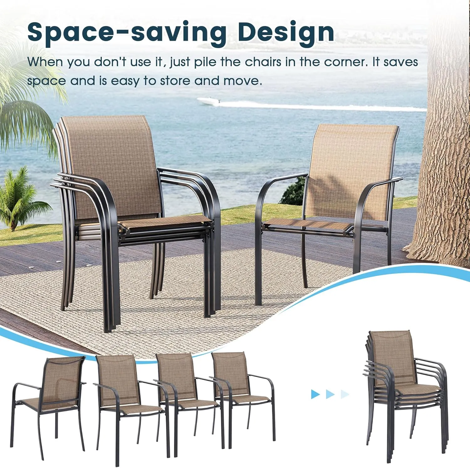Patio Dining Chairs Set of 2, Stackable Outdoor Textilene Chairs with High Back, Armrests, Outdoor Metal Frame Patio Chairs for Porch, Lawn, Garden, Deck, Brown Fabric