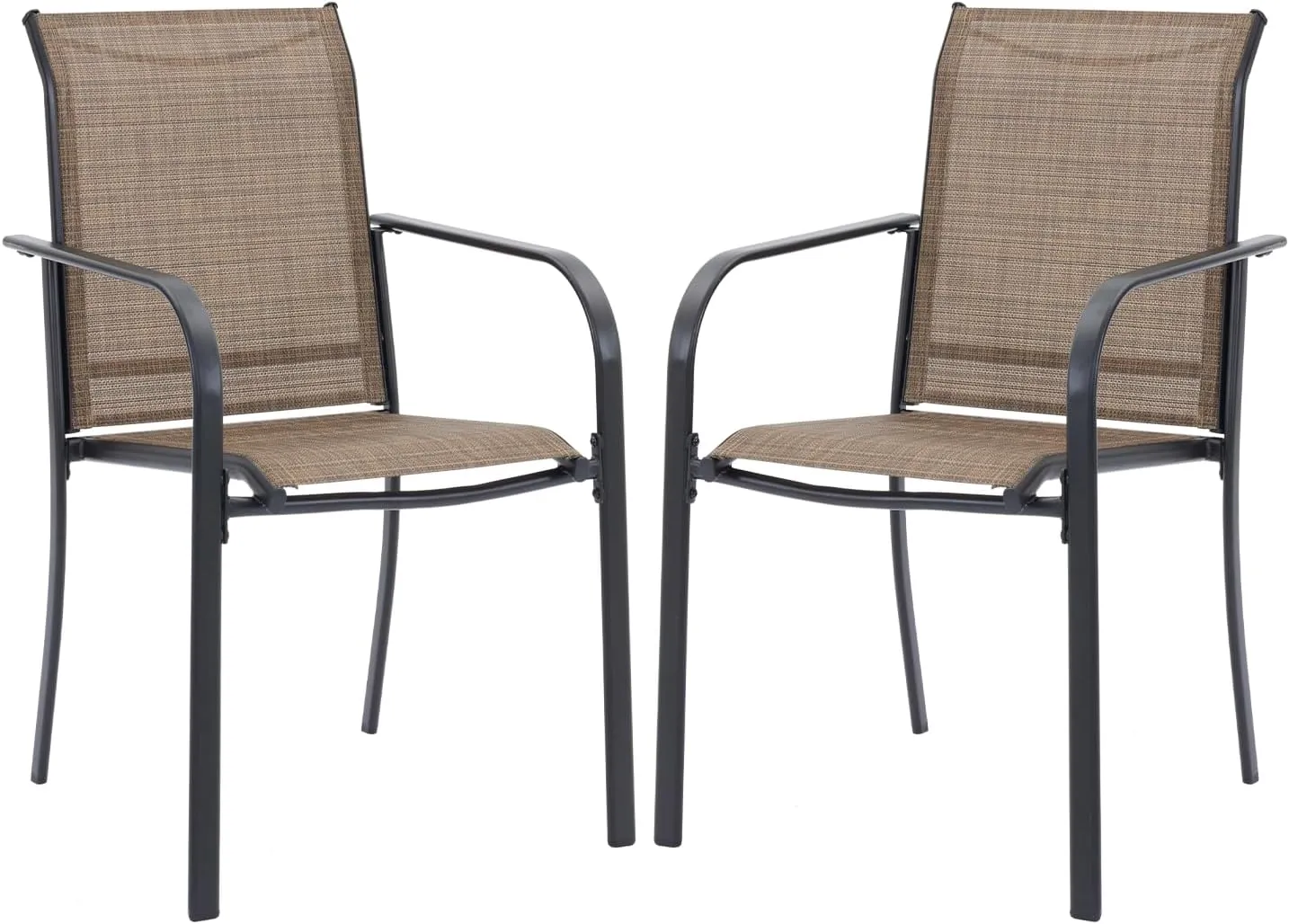 Patio Dining Chairs Set of 2, Stackable Outdoor Textilene Chairs with High Back, Armrests, Outdoor Metal Frame Patio Chairs for Porch, Lawn, Garden, Deck, Brown Fabric