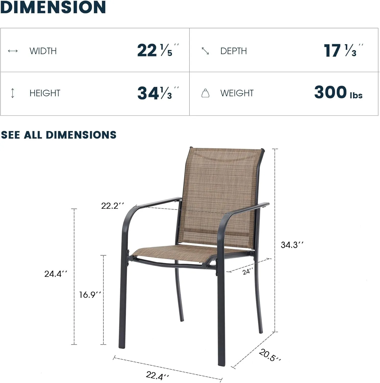 Patio Dining Chairs Set of 2, Stackable Outdoor Textilene Chairs with High Back, Armrests, Outdoor Metal Frame Patio Chairs for Porch, Lawn, Garden, Deck, Brown Fabric