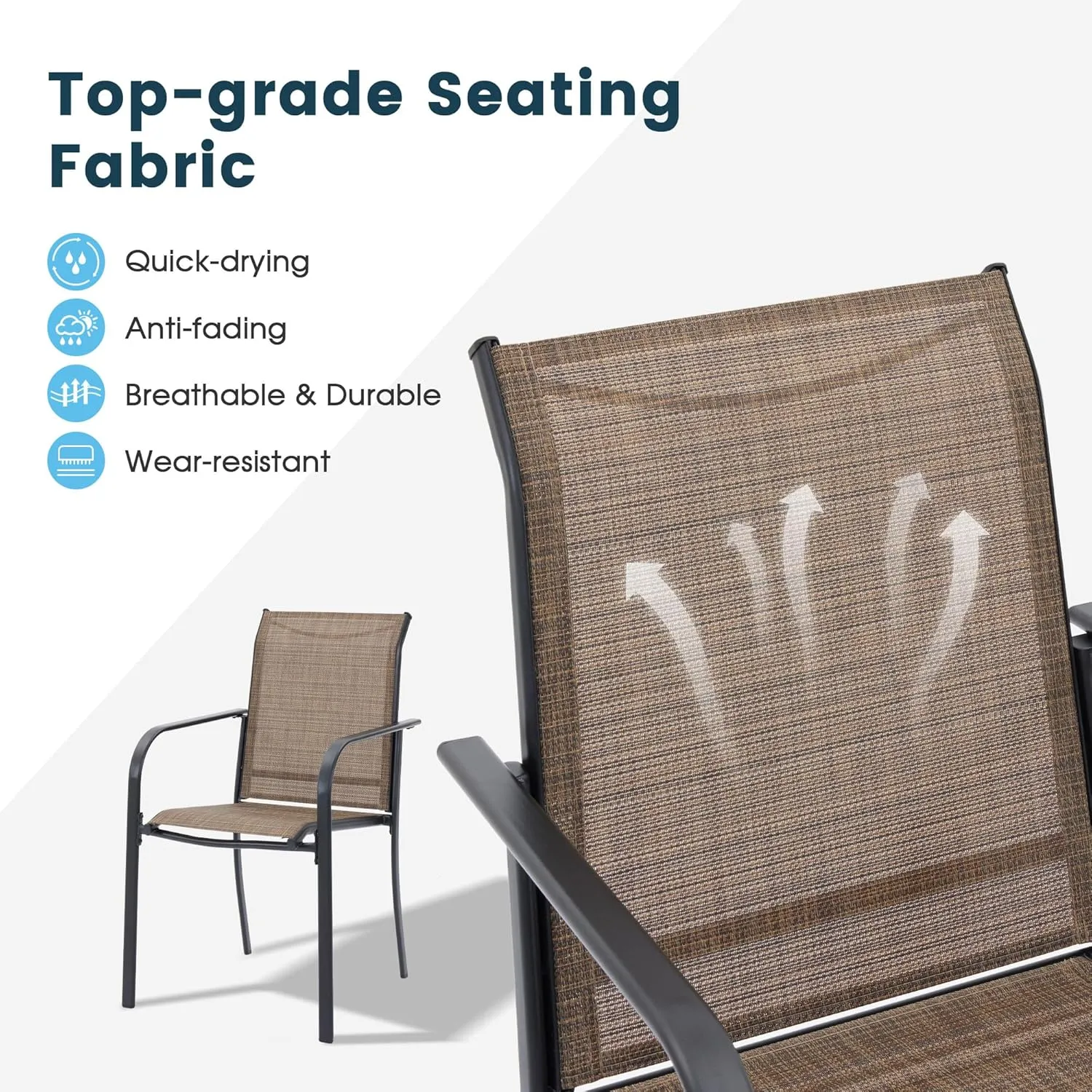 Patio Dining Chairs Set of 2, Stackable Outdoor Textilene Chairs with High Back, Armrests, Outdoor Metal Frame Patio Chairs for Porch, Lawn, Garden, Deck, Brown Fabric