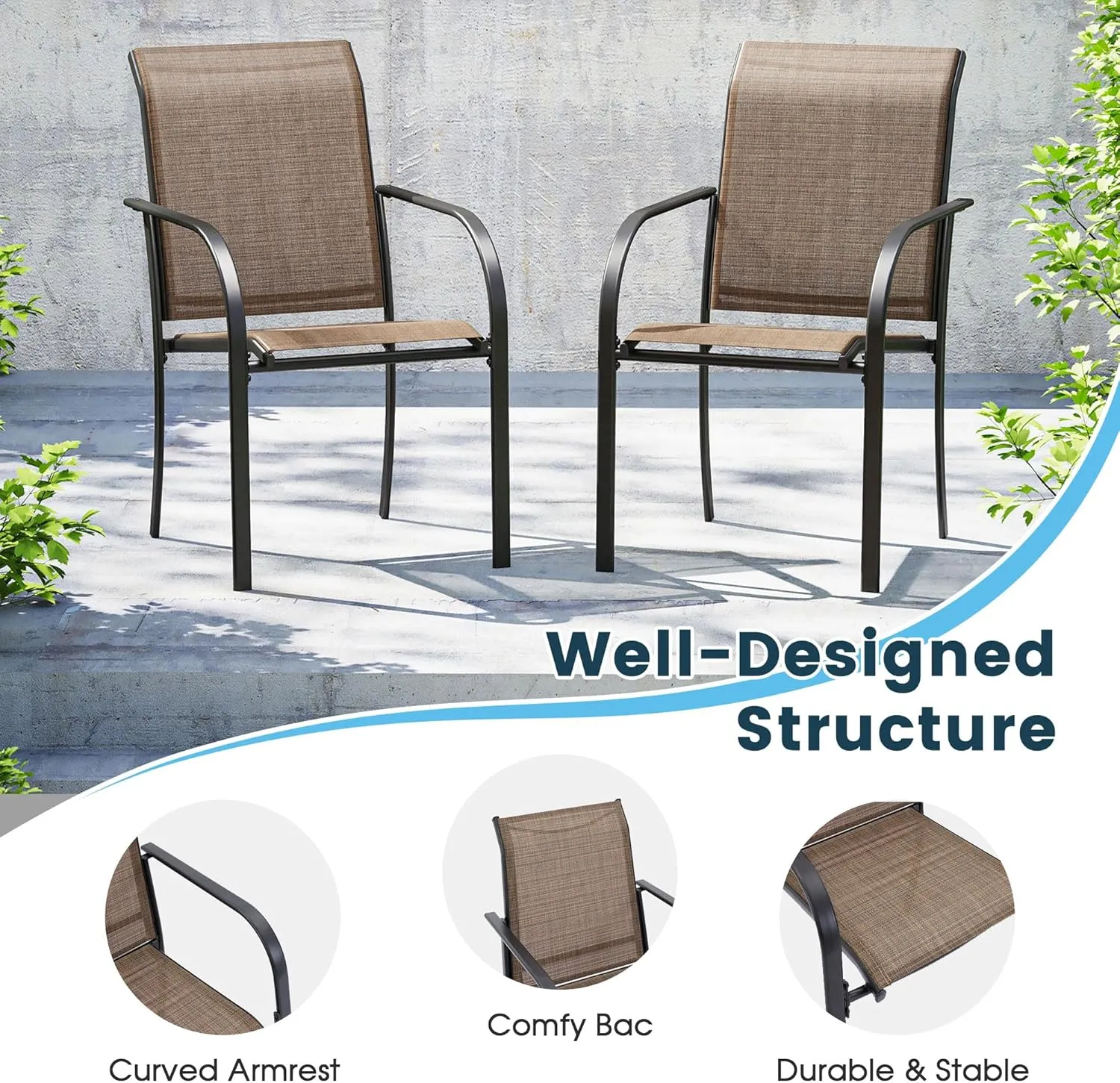 Patio Dining Chairs Set of 2, Stackable Outdoor Textilene Chairs with High Back, Armrests, Outdoor Metal Frame Patio Chairs for Porch, Lawn, Garden, Deck, Brown Fabric