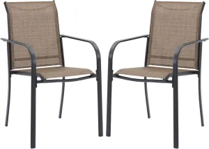 Patio Dining Chairs Set of 2, Stackable Outdoor Textilene Chairs with High Back, Armrests, Outdoor Metal Frame Patio Chairs for Porch, Lawn, Garden, Deck, Brown Fabric
