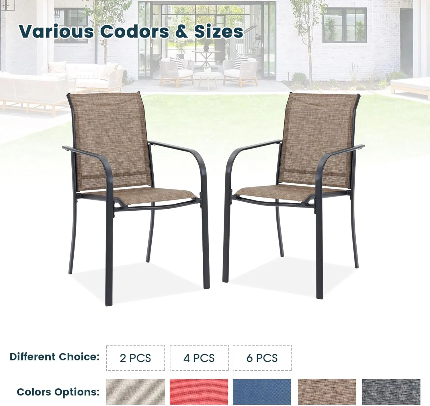 Patio Dining Chairs Set of 2, Stackable Outdoor Textilene Chairs with High Back, Armrests, Outdoor Metal Frame Patio Chairs for Porch, Lawn, Garden, Deck, Brown Fabric