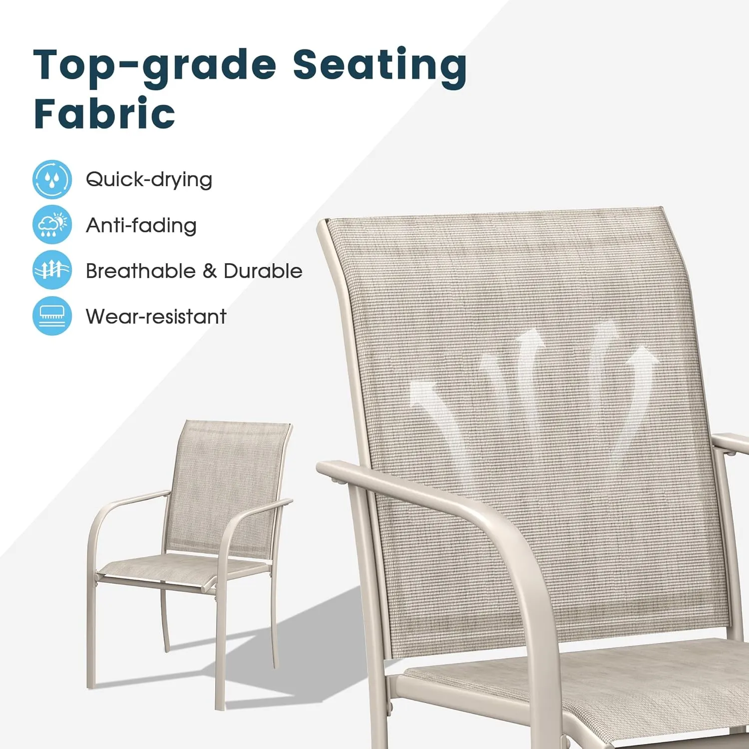 Patio Dining Chairs Set of 2, Stackable Outdoor Textilene Chairs with High Back, Armrests, Outdoor Metal Frame Patio Chairs for Porch, Lawn, Garden, Deck, Sand Fabric