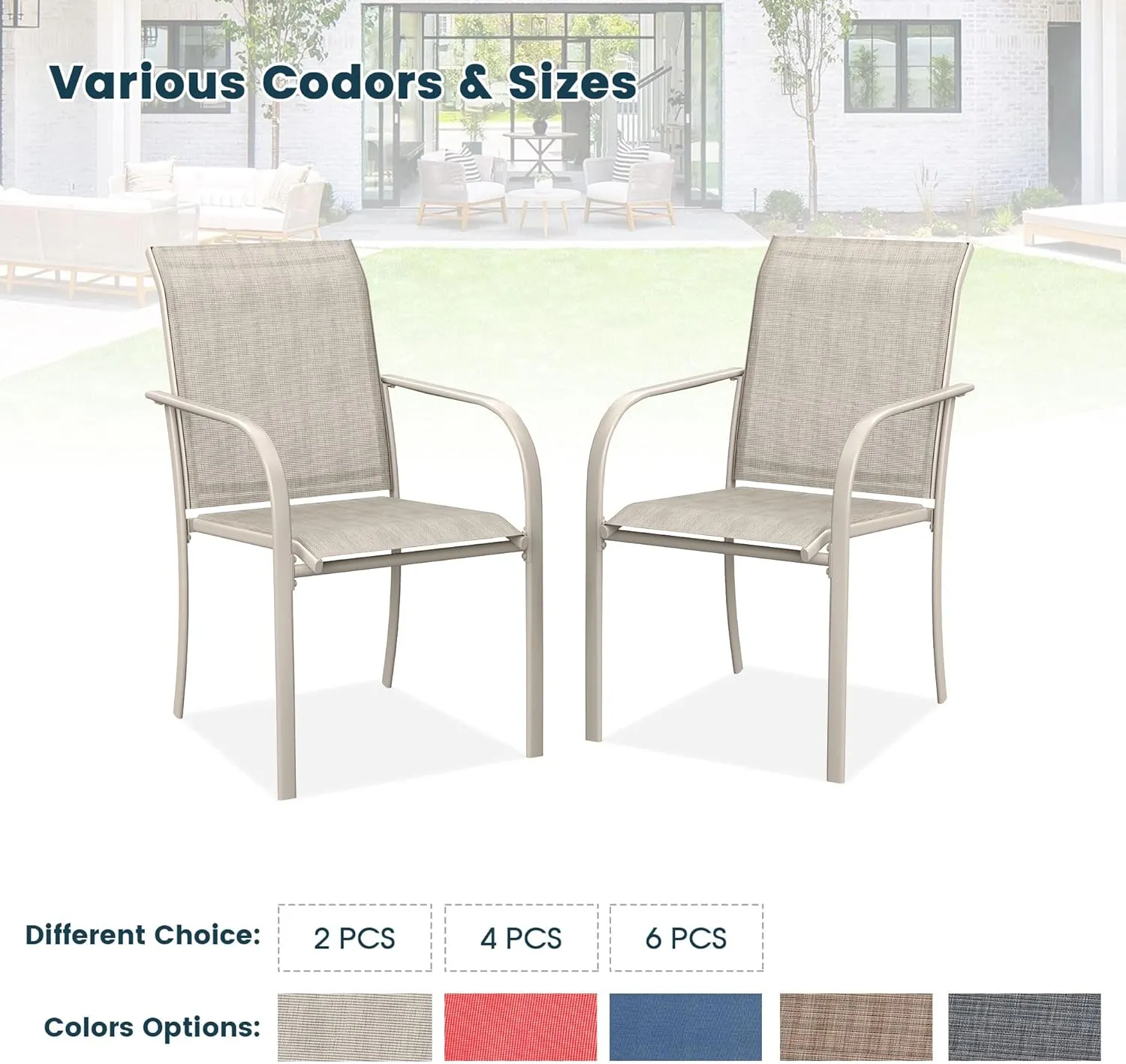 Patio Dining Chairs Set of 2, Stackable Outdoor Textilene Chairs with High Back, Armrests, Outdoor Metal Frame Patio Chairs for Porch, Lawn, Garden, Deck, Sand Fabric
