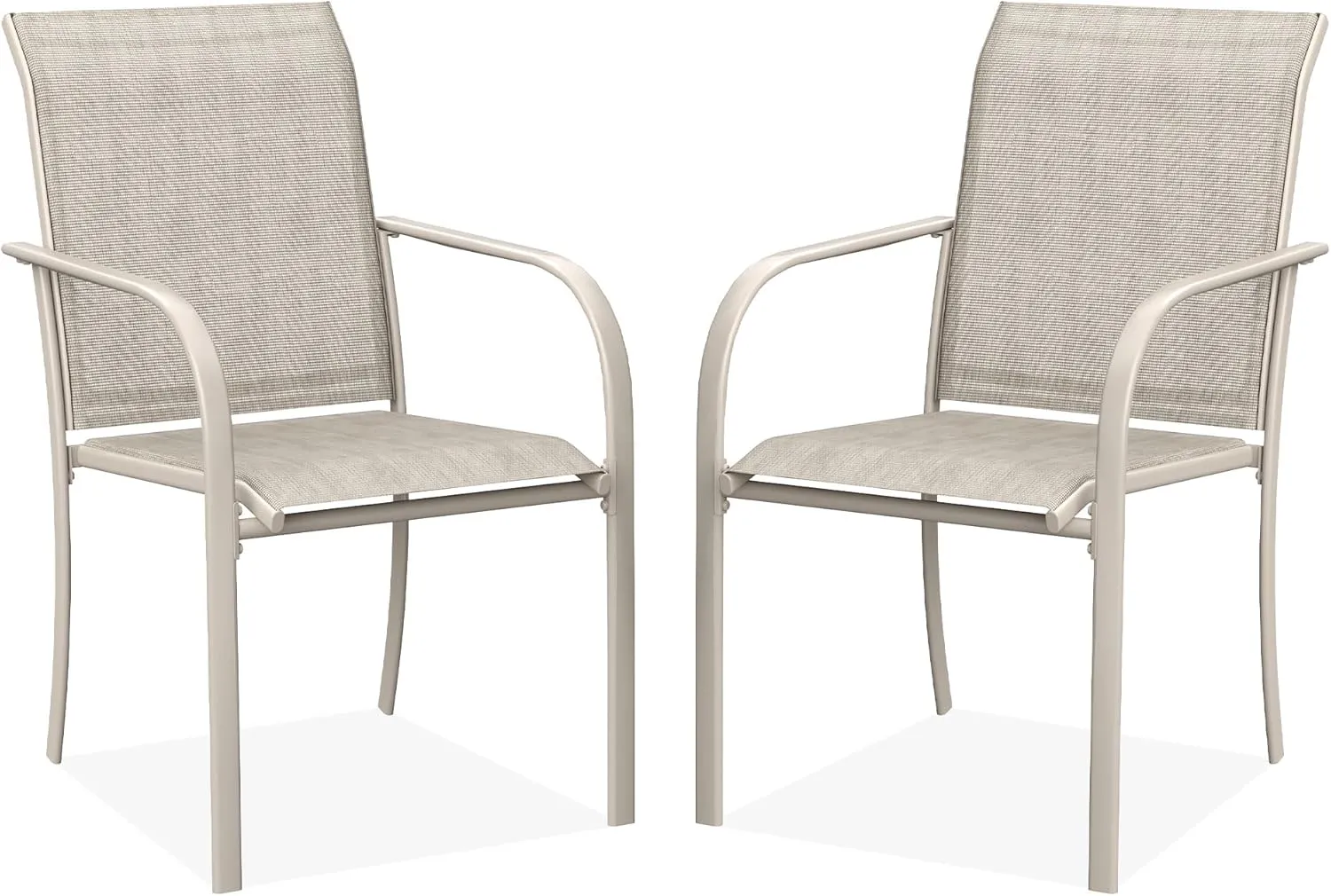 Patio Dining Chairs Set of 2, Stackable Outdoor Textilene Chairs with High Back, Armrests, Outdoor Metal Frame Patio Chairs for Porch, Lawn, Garden, Deck, Sand Fabric