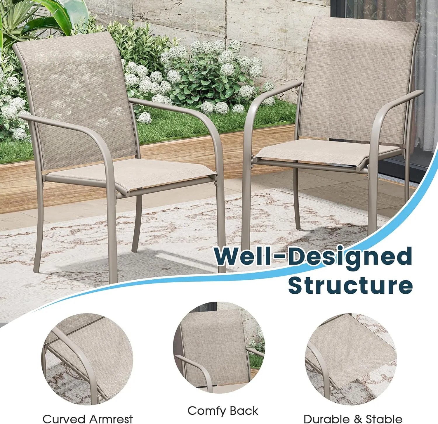 Patio Dining Chairs Set of 2, Stackable Outdoor Textilene Chairs with High Back, Armrests, Outdoor Metal Frame Patio Chairs for Porch, Lawn, Garden, Deck, Sand Fabric