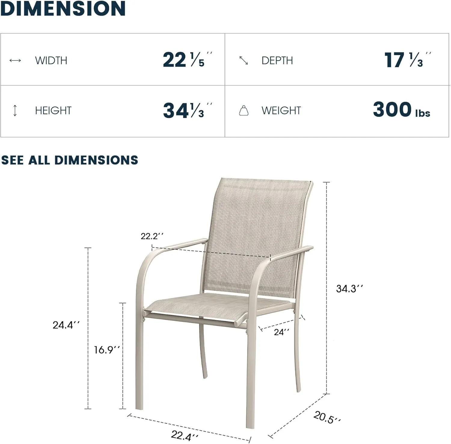 Patio Dining Chairs Set of 2, Stackable Outdoor Textilene Chairs with High Back, Armrests, Outdoor Metal Frame Patio Chairs for Porch, Lawn, Garden, Deck, Sand Fabric