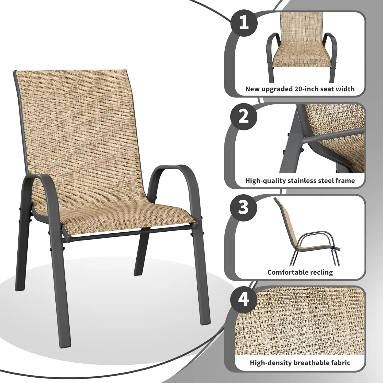Patio Dining Chairs Set of 4, Stackable Dining Chairs High Back, Breathable Seat Fabric and Alloy Steel Frame Fit Backyard, Porch, Lawn，Poolside (Beige)