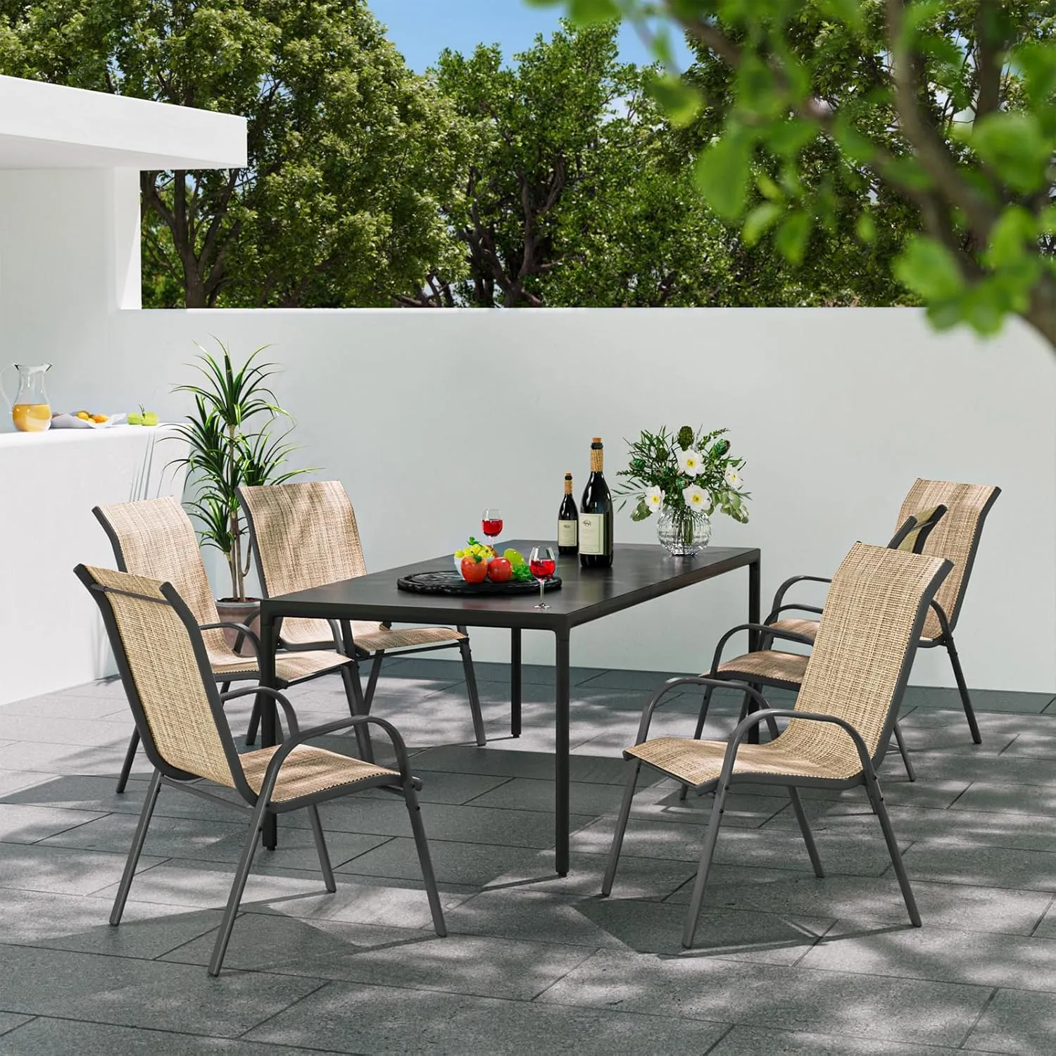 Patio Dining Chairs Set of 4, Stackable Dining Chairs High Back, Breathable Seat Fabric and Alloy Steel Frame Fit Backyard, Porch, Lawn，Poolside (Beige)