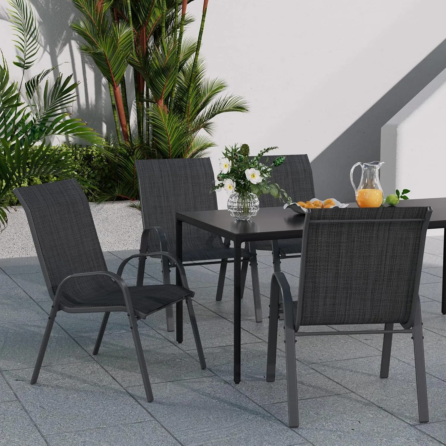 Patio Dining Chairs Set of 4, Stackable Dining Chairs High Back, Breathable Seat Fabric and Alloy Steel Frame Fit Backyard, Porch, Lawn，Poolside (Dark Grey)