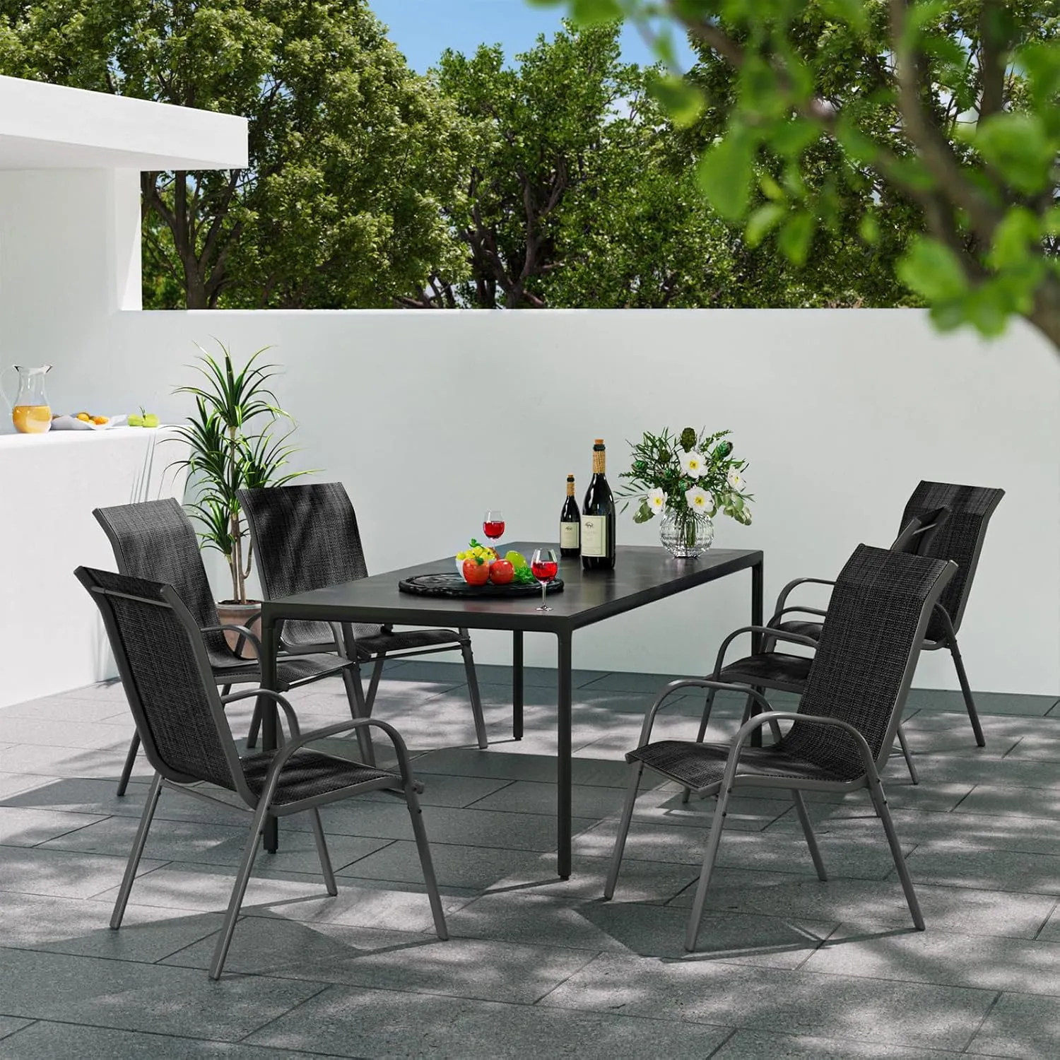 Patio Dining Chairs Set of 4, Stackable Dining Chairs High Back, Breathable Seat Fabric and Alloy Steel Frame Fit Backyard, Porch, Lawn，Poolside (Dark Grey)