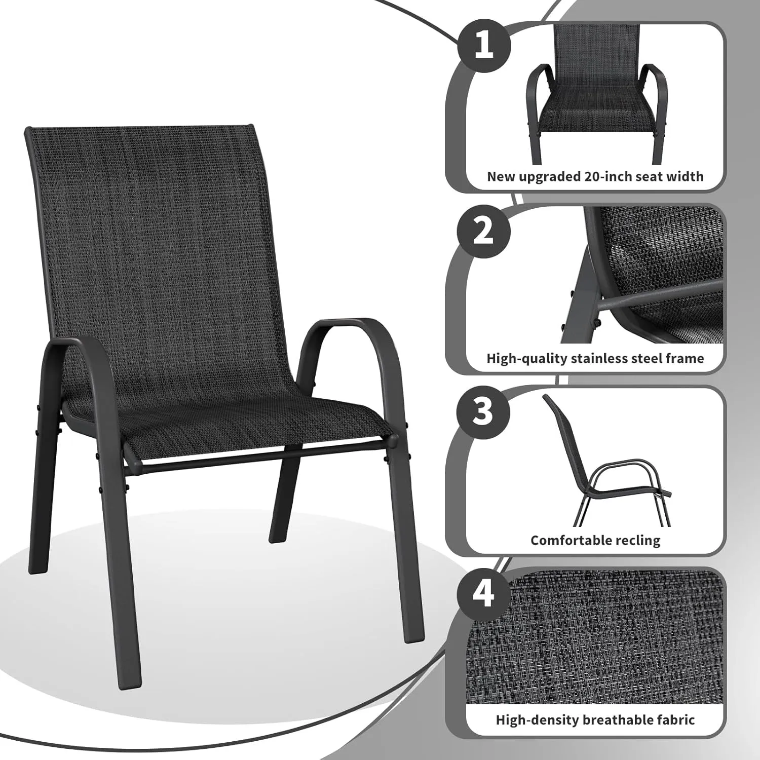 Patio Dining Chairs Set of 4, Stackable Dining Chairs High Back, Breathable Seat Fabric and Alloy Steel Frame Fit Backyard, Porch, Lawn，Poolside (Dark Grey)