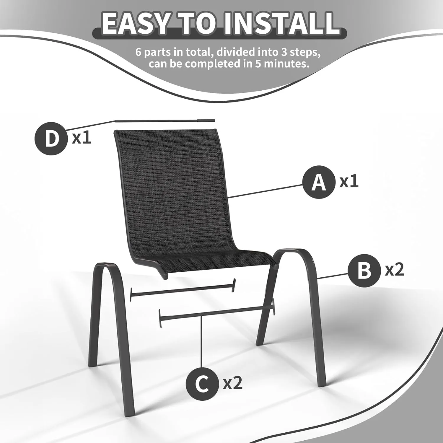 Patio Dining Chairs Set of 4, Stackable Dining Chairs High Back, Breathable Seat Fabric and Alloy Steel Frame Fit Backyard, Porch, Lawn，Poolside (Dark Grey)