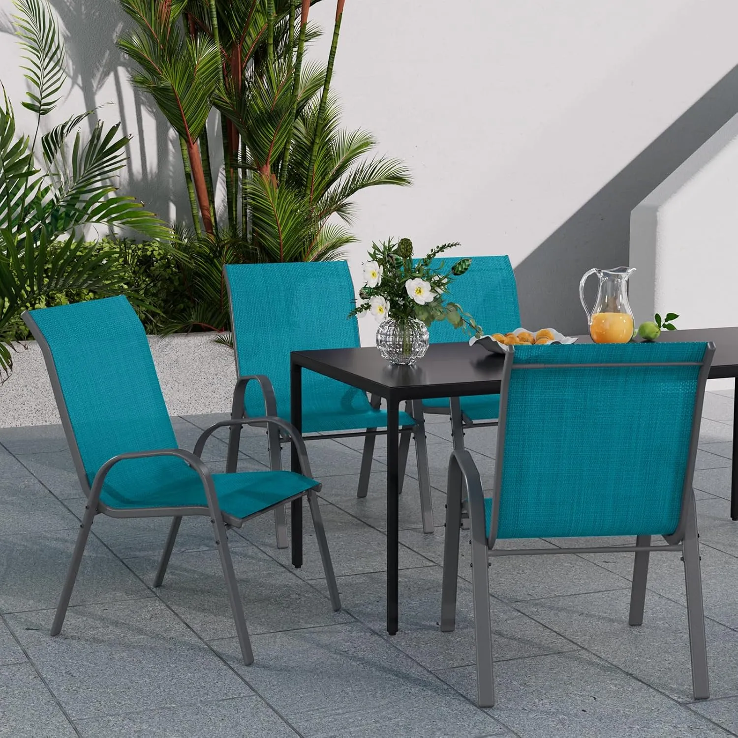 Patio Dining Chairs Set of 4, Stackable Dining Chairs High Back, Breathable Seat Fabric and Alloy Steel Frame Fit Backyard, Porch, Lawn，Poolside (Sky Blue)