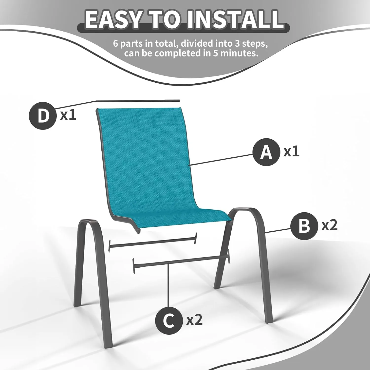 Patio Dining Chairs Set of 4, Stackable Dining Chairs High Back, Breathable Seat Fabric and Alloy Steel Frame Fit Backyard, Porch, Lawn，Poolside (Sky Blue)